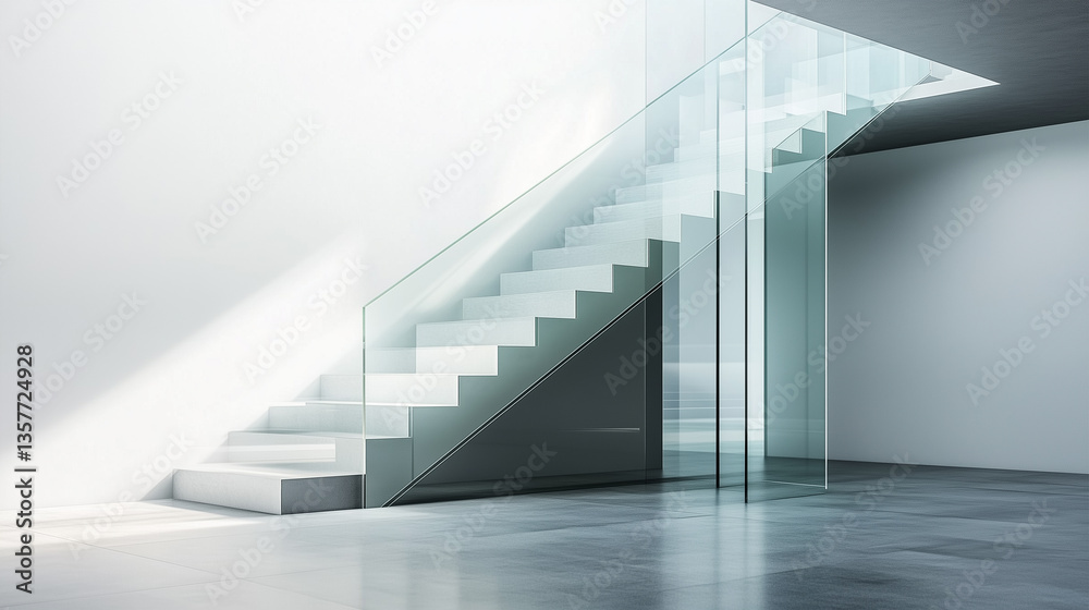 Obraz premium Geometric glass staircase enhances modern interior space with sleek design and natural light