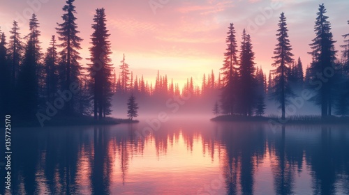 Serene sunset reflecting on a tranquil lake, surrounded by misty pine forest