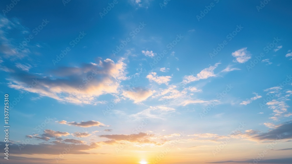 Fototapeta premium A serene sunset sky filled with soft clouds, showcasing beautiful hues of blue and orange, creating a tranquil atmosphere.