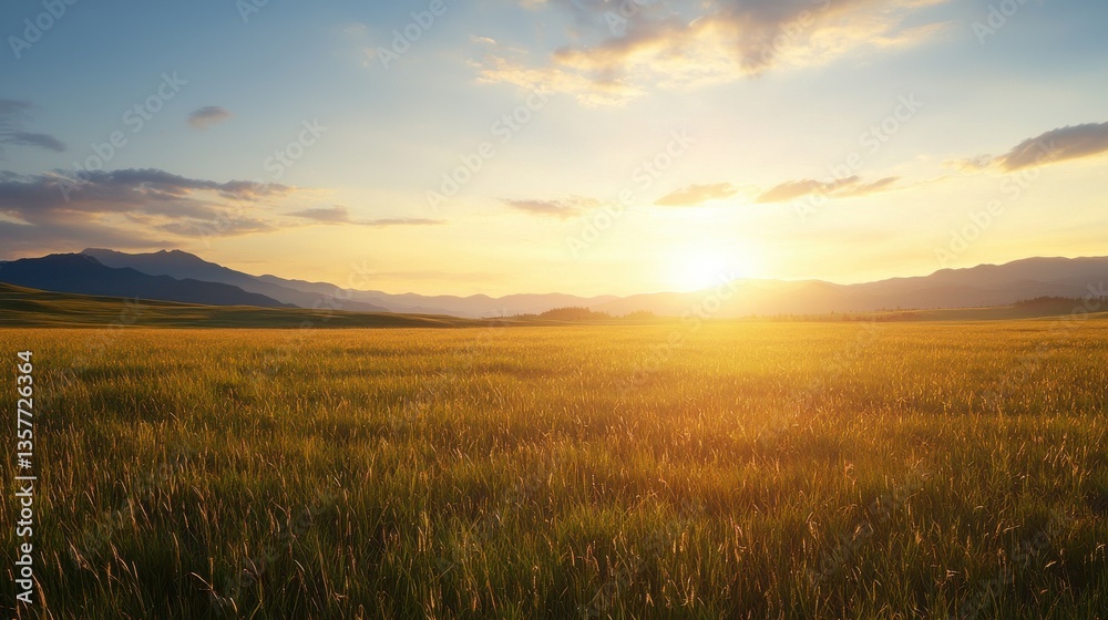 A serene landscape featuring a golden field at sunset, with mountains in the background and a colorful sky, creating a peaceful and tranquil atmosphere. A serene landscape featuring a golden field at sunset, with mountains in the background and a colorful sky, creating a peaceful and tranquil atmosphere.