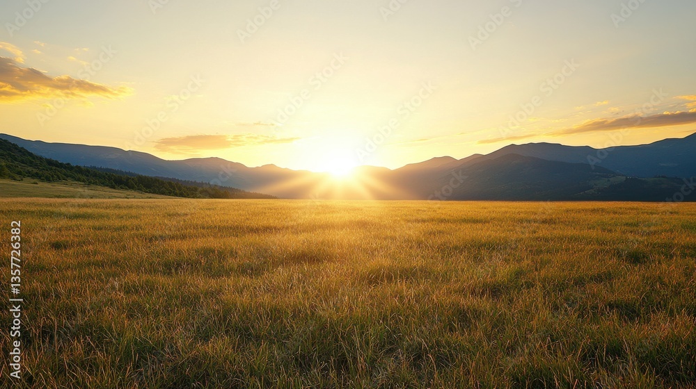 A serene landscape featuring a golden field at sunset, with distant mountains silhouetted against the sky, creating a tranquil and picturesque scene. A serene landscape featuring a golden field at sunset, with distant mountains silhouetted against the sky, creating a tranquil and picturesque scene.