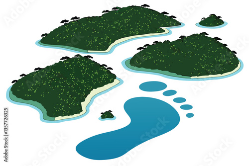 39 Ecological footprint, green islands, blue water, foot-shaped landmass, aerial view, environmental concept, sustainability, carbon footprint visualization, miniature world, lush vegetation, tropical