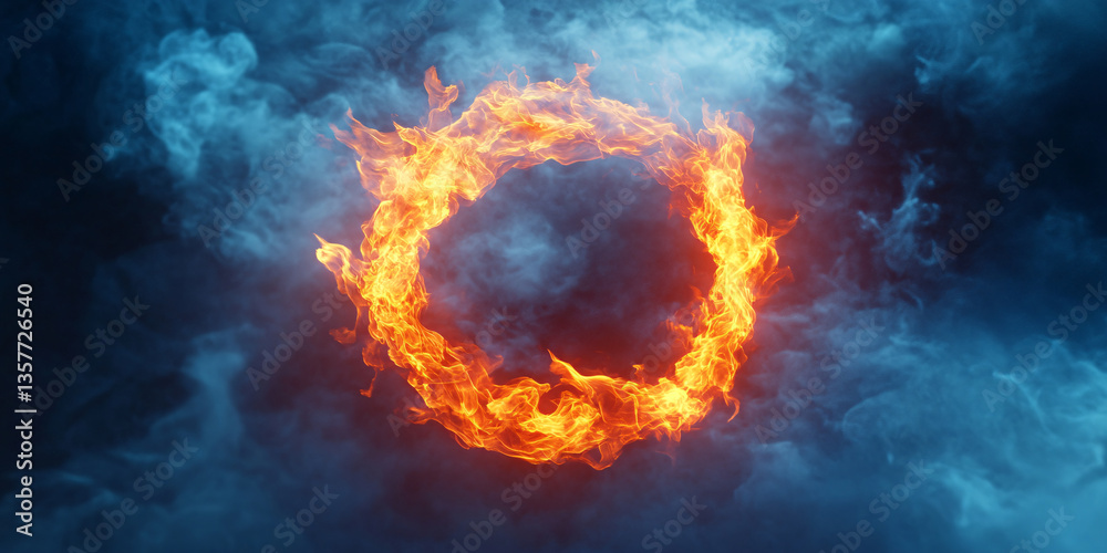 Fototapeta premium ring of fire shrouded in smoke or fog. dark background. glow and burning effect. 3d rendering. fire. modern style. banner illustration