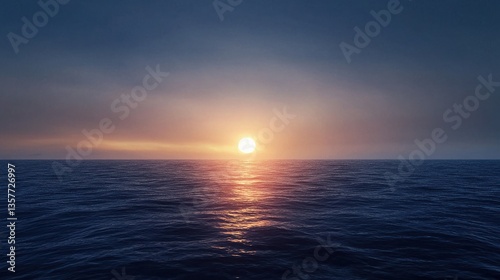 A serene sunset over calm ocean waters, casting a warm glow on the surface, creating a tranquil and picturesque scene.