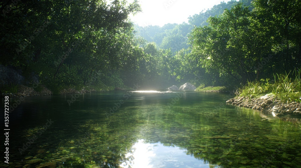 Obraz premium A serene river flows through lush green trees, reflecting light and nature's beauty in a tranquil landscape.