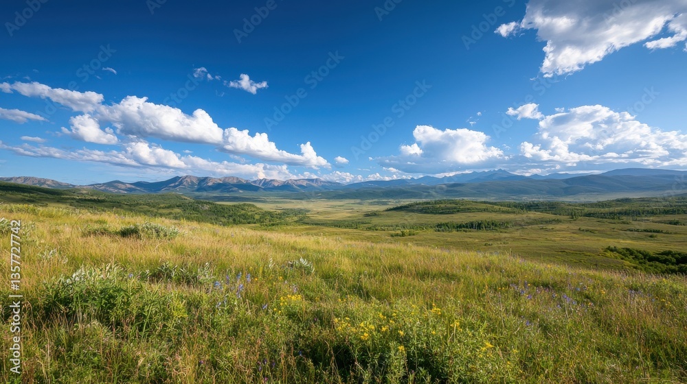 Fototapeta premium A serene landscape featuring lush green fields, distant mountains, and a vibrant blue sky dotted with fluffy clouds.