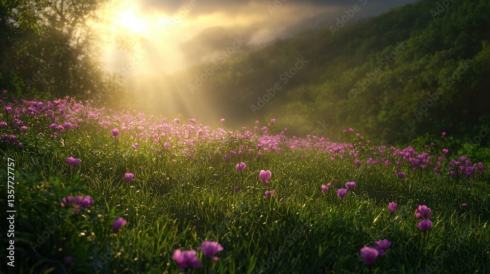 Naklejka premium A serene landscape featuring a field of pink flowers basking in sunlight, with lush green hills in the background and soft mist adding a mystical touch.