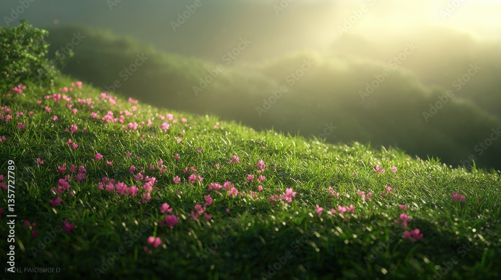 Obraz premium A serene landscape with vibrant pink flowers gently blooming on a lush green hill, illuminated by soft sunlight and misty surroundings.