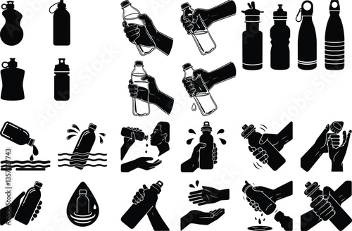 Set of silhouettes of water bottles, vector illustration Bottle Silhouettes Silhouette of man drinking water from bottle f water bottle with hat silhouette