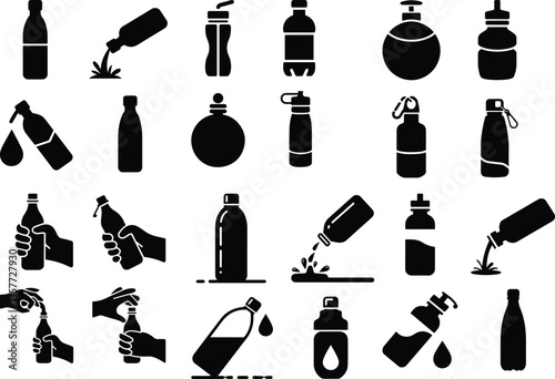Set of silhouettes of water bottles, vector illustration Bottle Silhouettes Silhouette of man drinking water from bottle f water bottle with hat silhouette