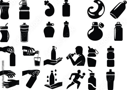 Set of silhouettes of water bottles, vector illustration Bottle Silhouettes Silhouette of man drinking water from bottle f water bottle with hat silhouette