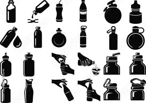 Set of silhouettes of water bottles, vector illustration Bottle Silhouettes Silhouette of man drinking water from bottle f water bottle with hat silhouette