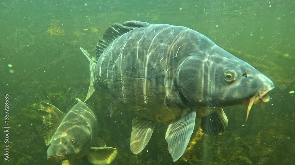 Two carps cross paths and another appears from behind, swimming gracefully in a calm freshwater lake. 