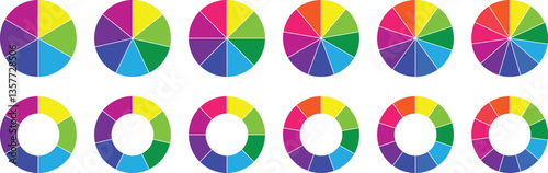 Pie chart set, Circle icons for infographic. Colorful diagram collection with 6,7,8,9,10,11 sections and steps. Circle sectin graph.  Vector illustration. 