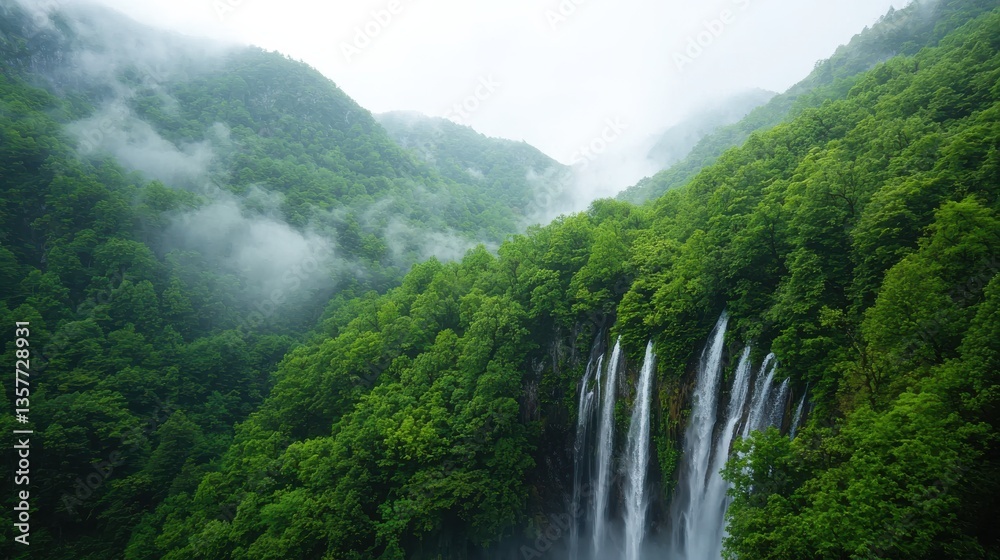 A serene waterfall cascades through lush, green mountains, surrounded by misty clouds, creating a tranquil and picturesque natural scene. A serene waterfall cascades through lush, green mountains, surrounded by misty clouds, creating a tranquil and picturesque natural scene.