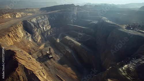Aerial view of a large gold mine with excavators and conveyor systems working efficiently to transport ore across vast mining land.
