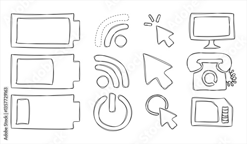 Set of vector internet icons, online communication methods, call, sim card, battery level, pointer, TV, isolated on transparent