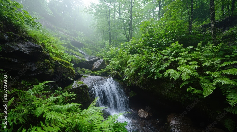 Obraz premium A serene forest scene featuring a gentle stream flowing through lush greenery and ferns, enveloped in misty tranquility.