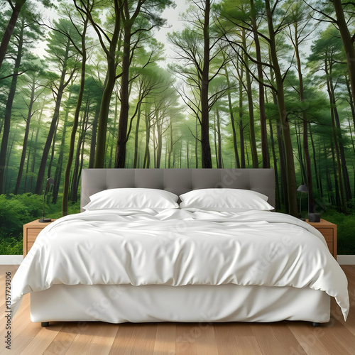Bed in front of a feature wall with a picture of a forest