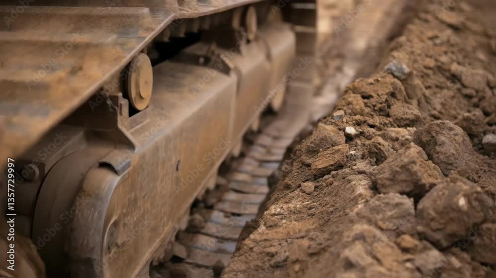 Closeup of a bulldozers treads gripping the uneven terrain showcasing the rugged texture of the soil being pushed aside during land preparation. Closeup of a bulldozers treads gripping the uneven terrain showcasing the rugged texture of the soil being pushed aside during land preparation.