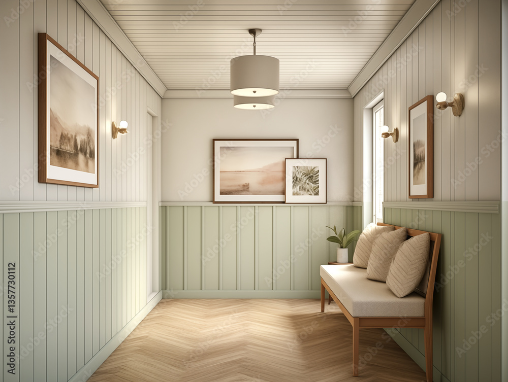 Fototapeta premium Modern hallway with wainscotting wall panelling in neutral and light sage. Hall with wood panels, minimalist natural wood furniture and artwork on the wall.