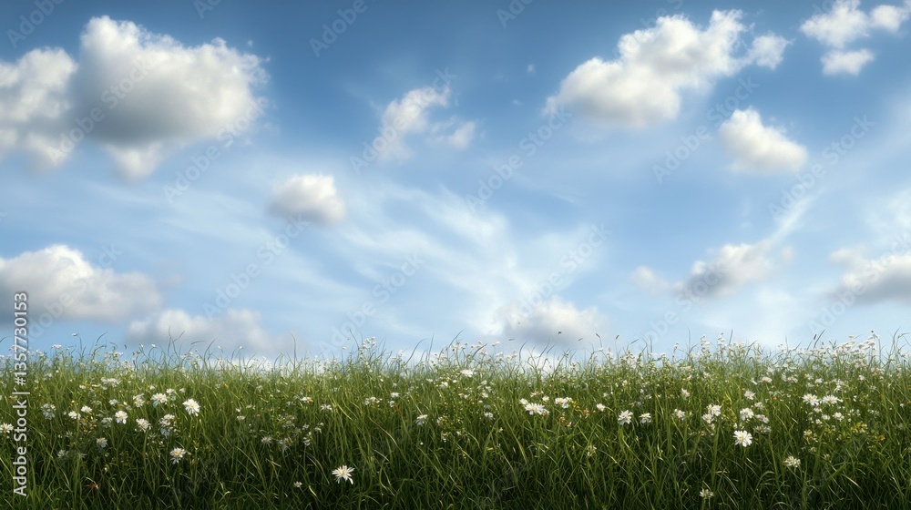 A serene landscape featuring lush green grass and white flowers under a bright blue sky with fluffy clouds. A serene landscape featuring lush green grass and white flowers under a bright blue sky with fluffy clouds.