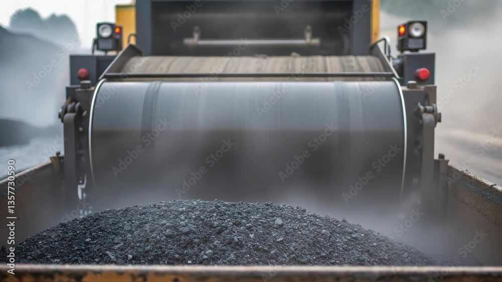 Closeup of a large rotating drum mixer showcasing dark steaming asphalt being blended with aggregate with machinery controls in the background.
