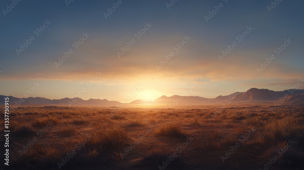 A serene sunrise over a vast, grassy plain with distant mountains, creating a tranquil and picturesque landscape. A serene sunrise over a vast, grassy plain with distant mountains, creating a tranquil and picturesque landscape.