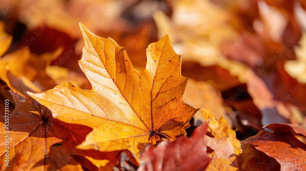 Fototapeta premium A close-up view of vibrant autumn leaves, showcasing their rich orange and brown hues scattered on the ground.