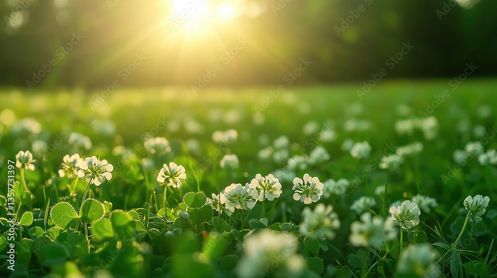 Fototapeta premium A sunlit field covered with vibrant green grass and delicate white flowers, creating a serene and tranquil atmosphere.