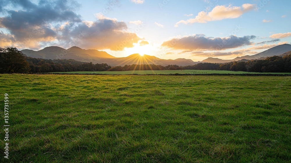 Obraz premium A picturesque landscape featuring lush green fields and majestic mountains, illuminated by a stunning sunset.