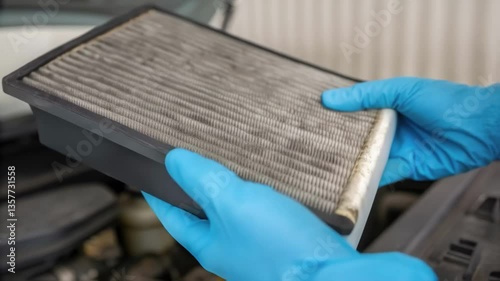 Closeup of a worn air filter being removed from an industrial compressor showing the accumulation of dust and debris with a hand in protective gloves gripping it firmly.