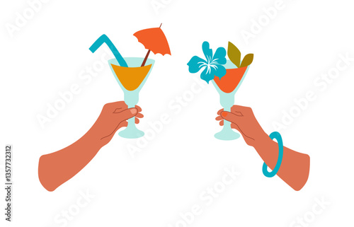 Hands holding summer cocktails. Summer vacation, party.