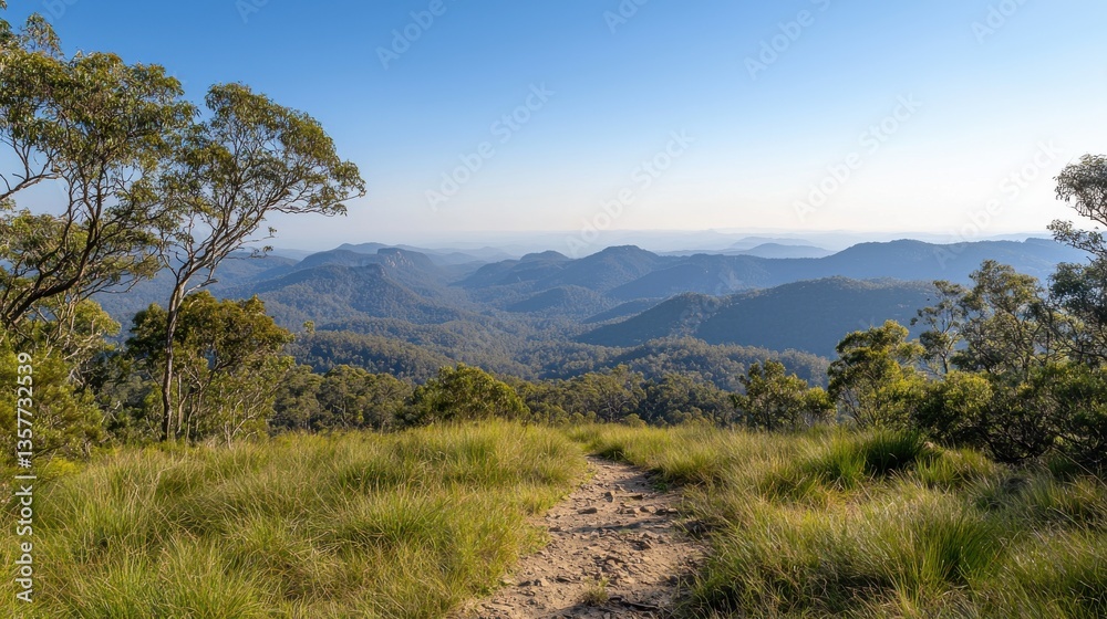 Fototapeta premium A serene landscape showcasing rolling mountains and lush greenery under a clear blue sky, inviting exploration and connection with nature.