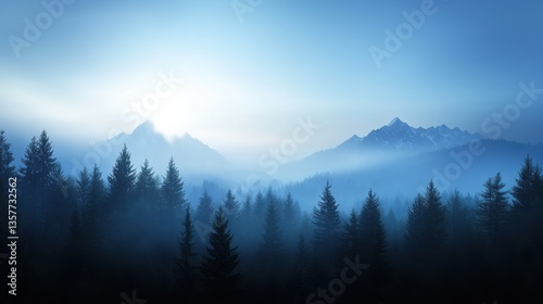 A serene, misty landscape featuring dark evergreen trees silhouetted against distant mountains and a soft, glowing light.