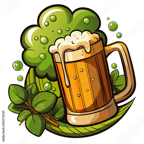 Beer Mug with Clover Leaves and Foam Bubbles for St. Patrick's Day.