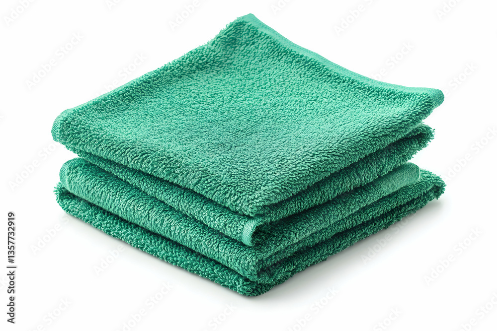 A stack of four folded green towels on white surface A stack of four folded green towels on white surface