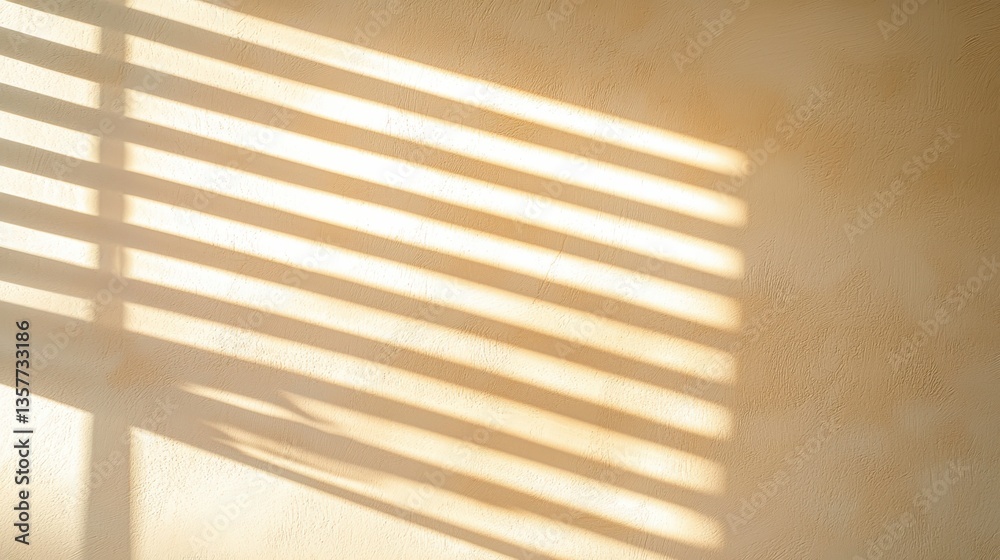 Obraz premium Soft, warm light casts striped shadows on a textured wall, creating a serene atmosphere that highlights simplicity and natural beauty.