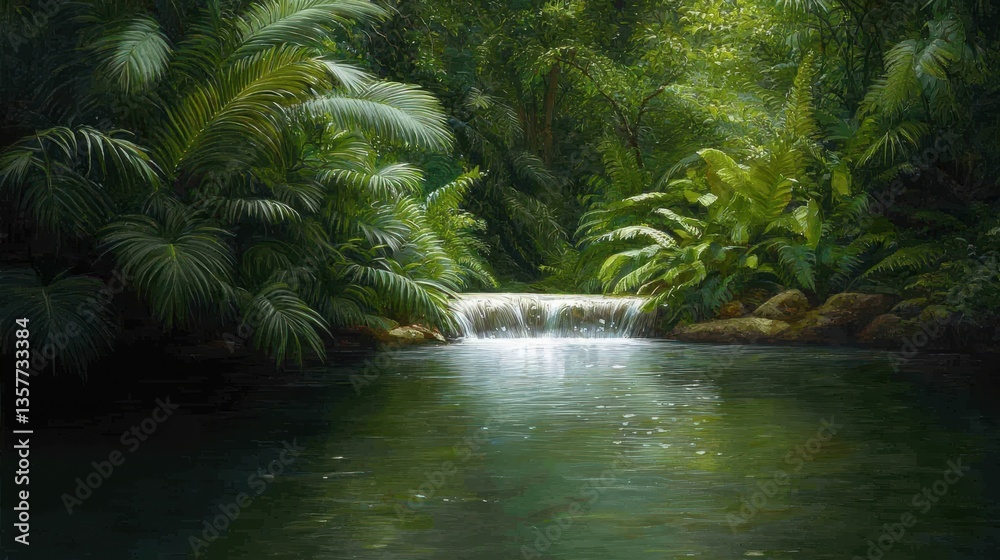 Fototapeta premium A serene jungle scene featuring lush greenery surrounding a tranquil waterfall and pool of clear water.