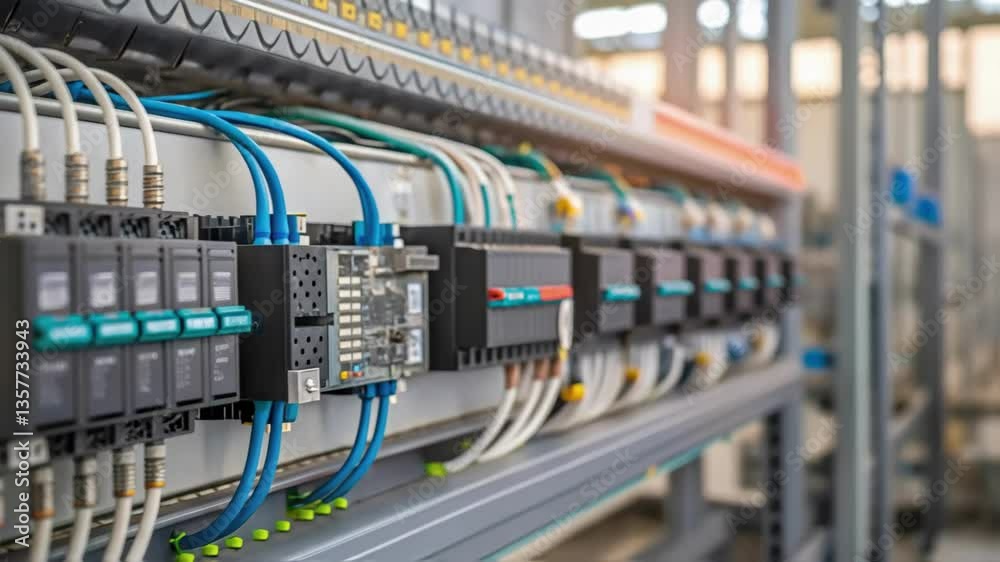 Focused view of programmable logic controllers PLCs wired and interconnected illustrating the complex electronic heartbeat of modern manufacturing.