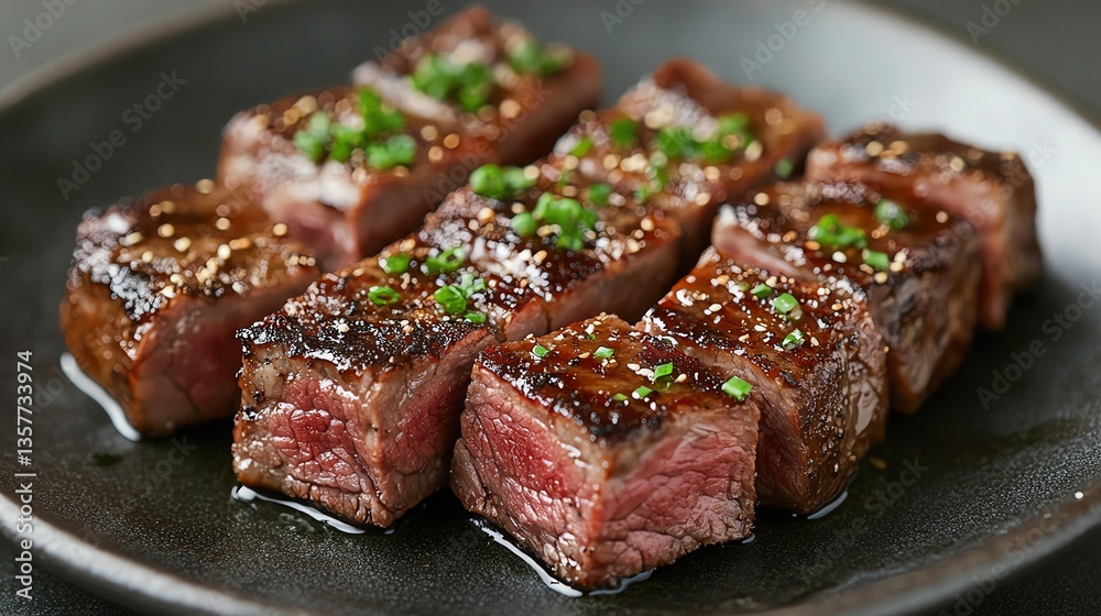 Grilled Steak Bites with Herbs on Dark Plate Closeup Grilled Steak Bites with Herbs on Dark Plate Closeup
