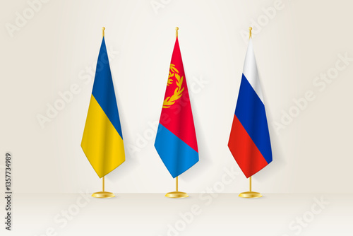 Diplomatic Meeting Representation, Ukraine, Eritrea and Russia Flags. Flags on Diplomatic Stands.