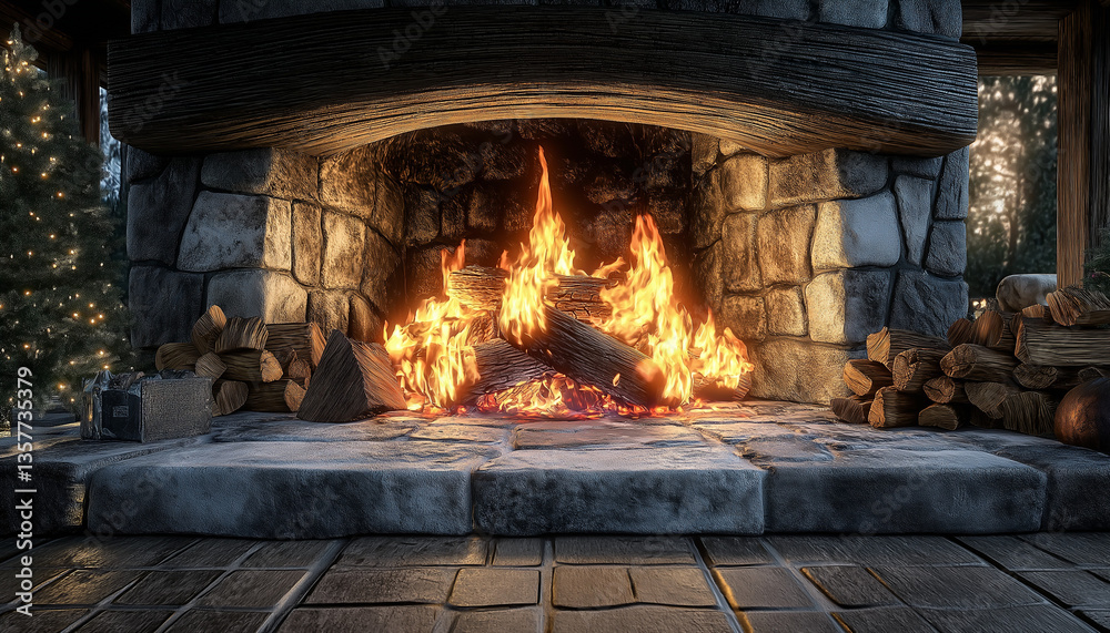 front view of a rustic stone fireplace, warm orange flames, detailed textured stones, stacked burning logs, glowing coals, cozy welcoming atmosphere, fireplace with burning wood front view of a rustic stone fireplace, warm orange flames, detailed textured stones, stacked burning logs, glowing coals, cozy welcoming atmosphere, fireplace with burning wood