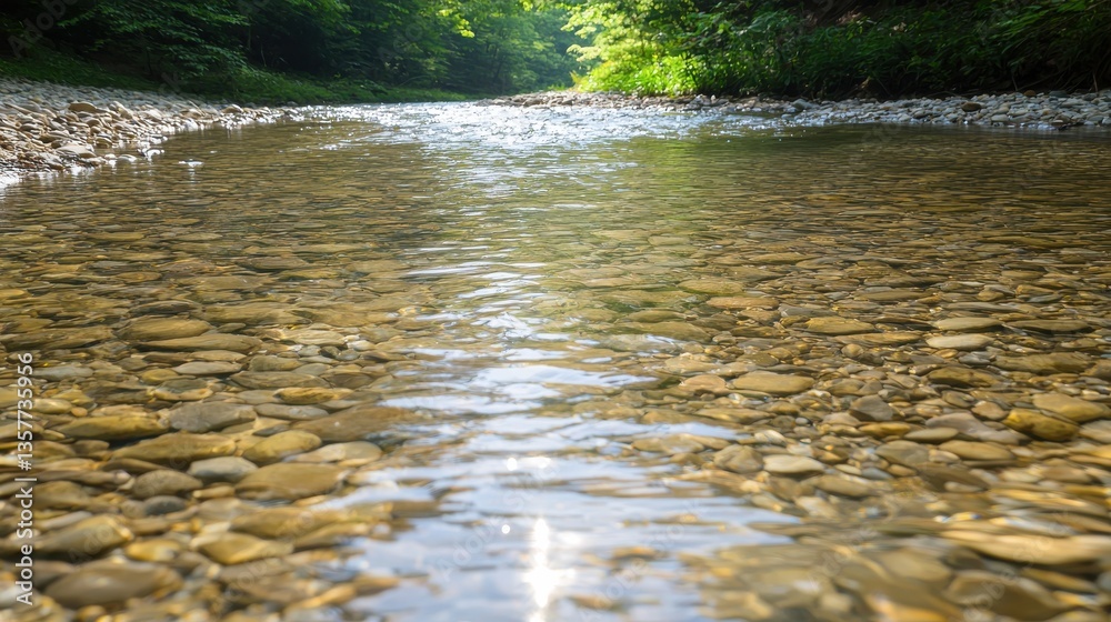 Fototapeta premium A serene river flows over smooth stones, surrounded by lush greenery, reflecting sunlight on its clear surface.