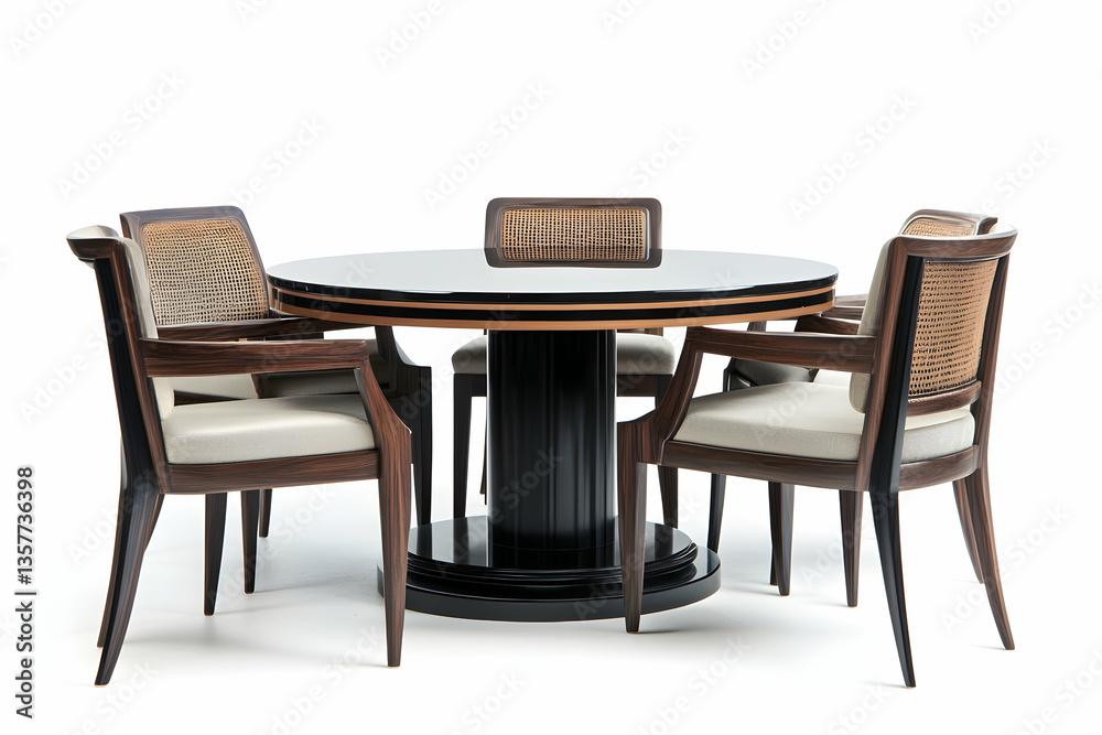 Round table with chairs and wicker backrests on white Round table with chairs and wicker backrests on white