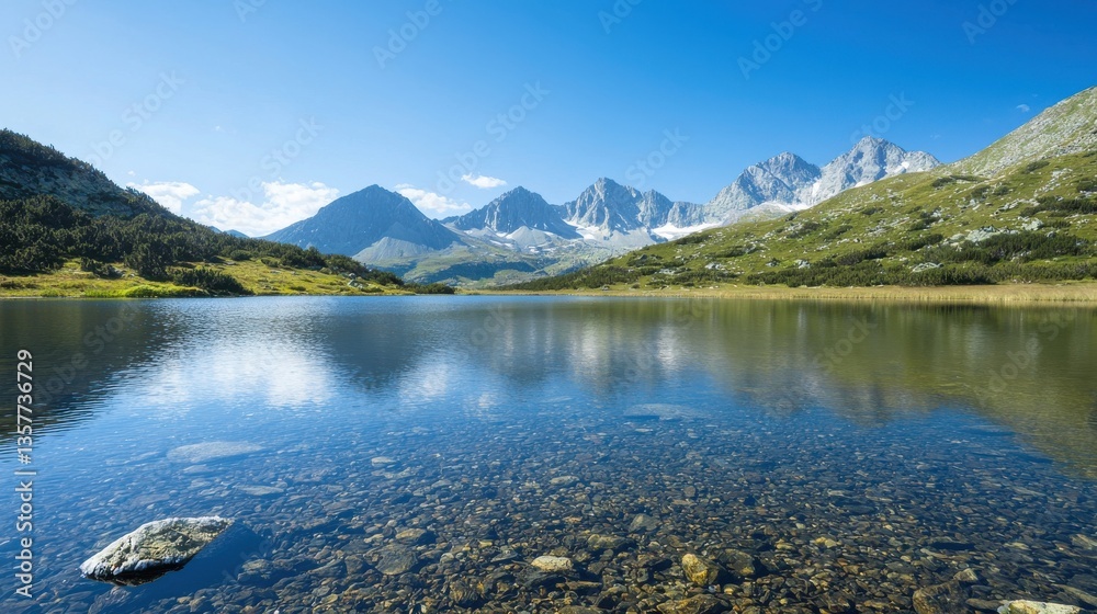 A serene lake reflects majestic mountains under a clear blue sky, surrounded by lush greenery, creating a tranquil natural landscape. A serene lake reflects majestic mountains under a clear blue sky, surrounded by lush greenery, creating a tranquil natural landscape.