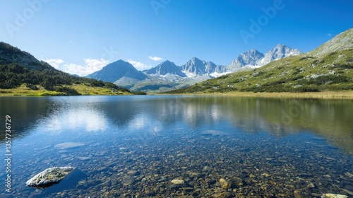 A serene lake reflects majestic mountains under a clear blue sky, surrounded by lush greenery, creating a tranquil natural landscape.