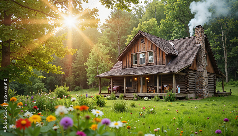 Charming rustic wood cabin surrounded by wild blooms, summer serenity Charming rustic wood cabin surrounded by wild blooms, summer serenity