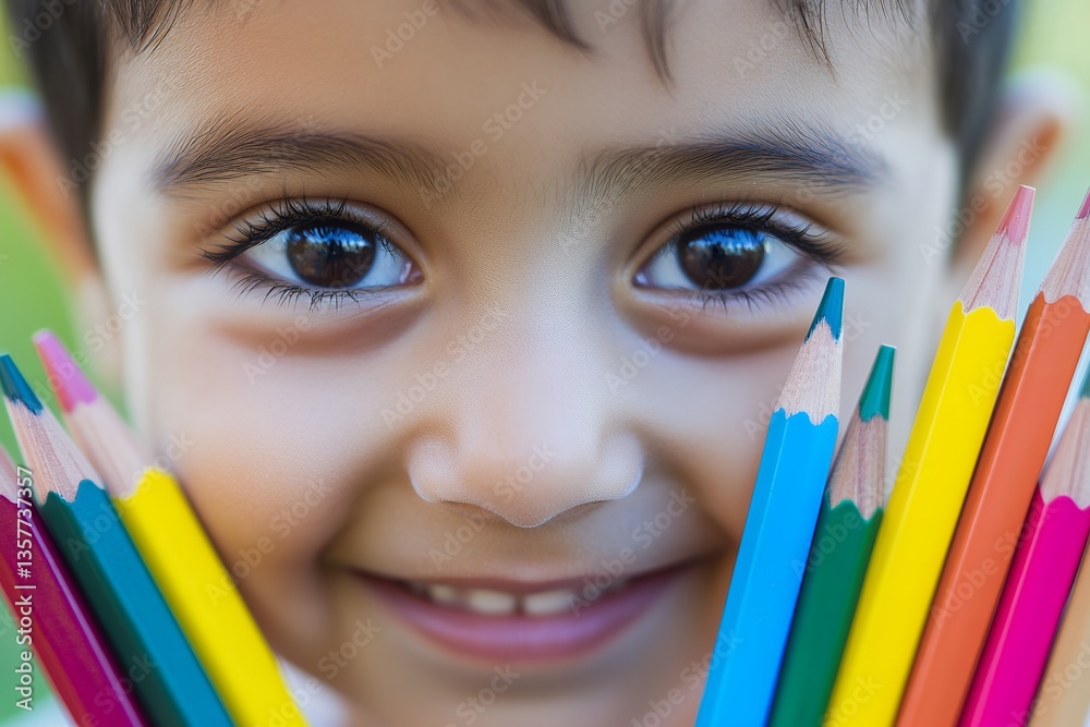 Joyful young hispanic child smiling behind colorful pencils Joyful young hispanic child smiling behind colorful pencils