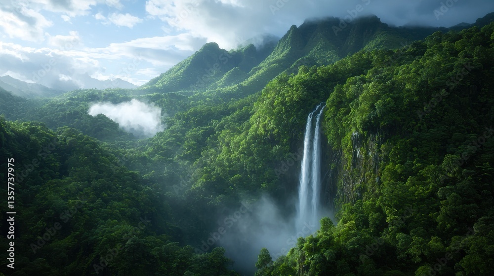 Fototapeta premium A breathtaking landscape featuring lush greenery, a majestic waterfall, and distant mountains under a partly cloudy sky.